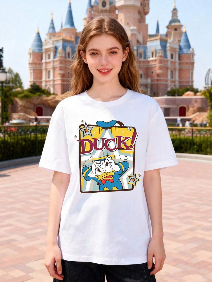 Disney Women Casual Mickey Mouse Donald Duck Graphic Print Round Neck Regular Fit Cotton T-Shirt - 白色 - 查看 1