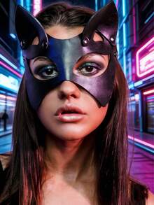 1 pieza Máscara de cuero con orejas de gato para disfraz, máscara de orejas de gato de cuero como accesorio para fiesta de carnaval - Ver 1