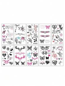 10pcs Y2K Style Black Tattoo Stickers, Punk Pink Heart & Bow Temporary Tattoo Stickers Set - Multicolor - View 3