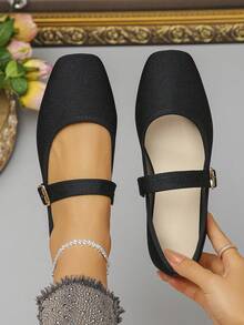 女士亮片装饰方头鞋，套脚式正装鞋，适合日常穿着，搭配连衣裙优雅大方，尺码35-43，春秋季，芭蕾平底鞋 - 黑色布面細紋 - 查看 2