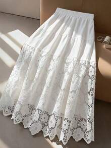 Luminous Wealth Women's Elegant White Non-Stretch Woven Fabric Long A-Line Skirt With Delicate Contrast Lace Detail Spring - 白色 - 查看 1