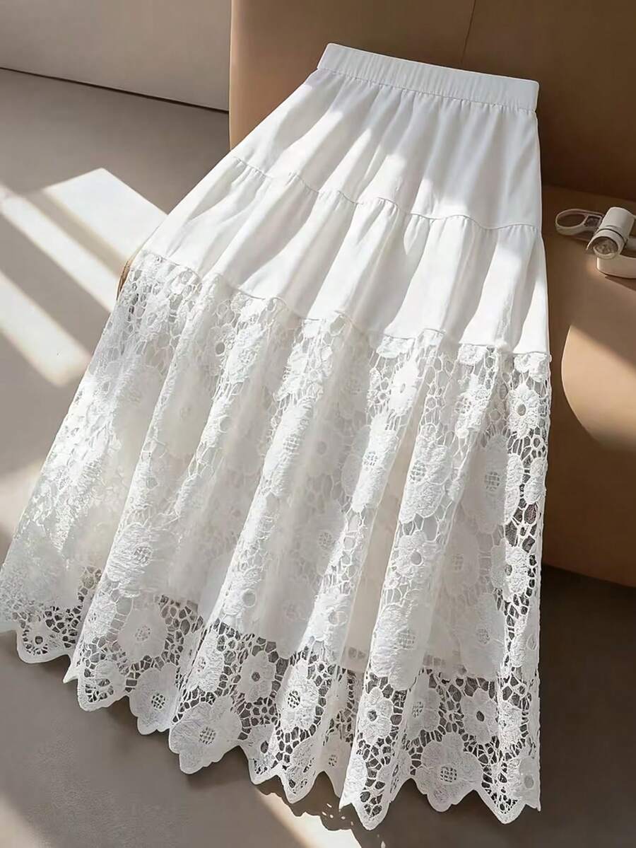 Luminous Wealth Women's Elegant White Non-Stretch Woven Fabric Long A-Line Skirt With Delicate Contrast Lace Detail Spring - 白色 - 查看 1