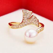 时尚银杏叶造型开口戒指，奢华简约配饰 - 彩色 - 查看 3