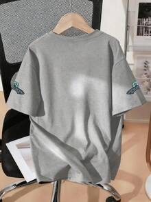 Girls' Spaceship & Kitty Planet Print Round Neck Short Sleeve T-Shirt, New Arrival Summer & Spring - Grey - View 3