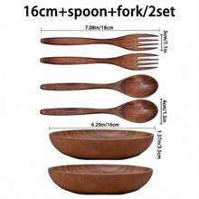 Conjunto de Pratos Artesanais de Madeira Natural de 16cm - Louça Vintage para Massas, Saladas e Bifes | Utensílios de Cozinha e Jantar, Pratos Minimalistas em Estilo Vintage, Prato de Pau-rosa de 16cm com Conjunto de Colher e Garfo, Pratos, Pratos Fundos, Tigelas, Pratos de Madeira, Travessas, Tigelas de Madeira, Pratos de Madeira - Bronzeado - Ver 14