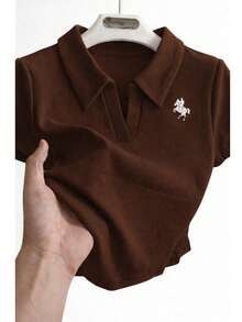 JDE Women's Short-Sleeved Fitted Polo Shirt With Embroidered Collar 2 In 1 School - 鏽棕色 - 查看 3
