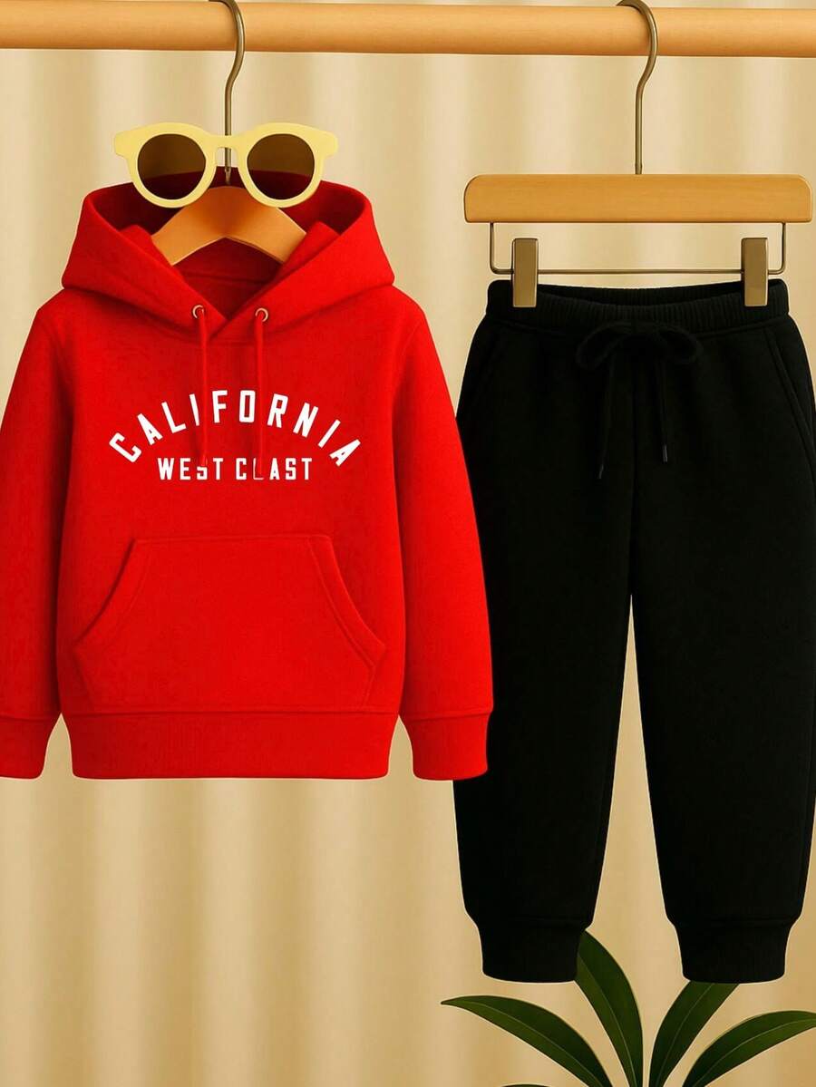 Children's Printed Sweatshirt Set, Blouse And Flannel Trousers - 紅色 - 查看 1