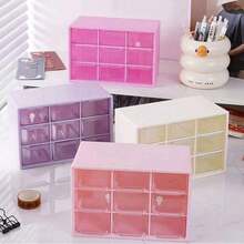 Caja de almacenamiento de cosméticos con 9 compartimentos, organizador a prueba de polvo para el escritorio del dormitorio de estudiantes, estante de almacenamiento de varias capas para tocador de oficina. - Multicolor - Ver 2