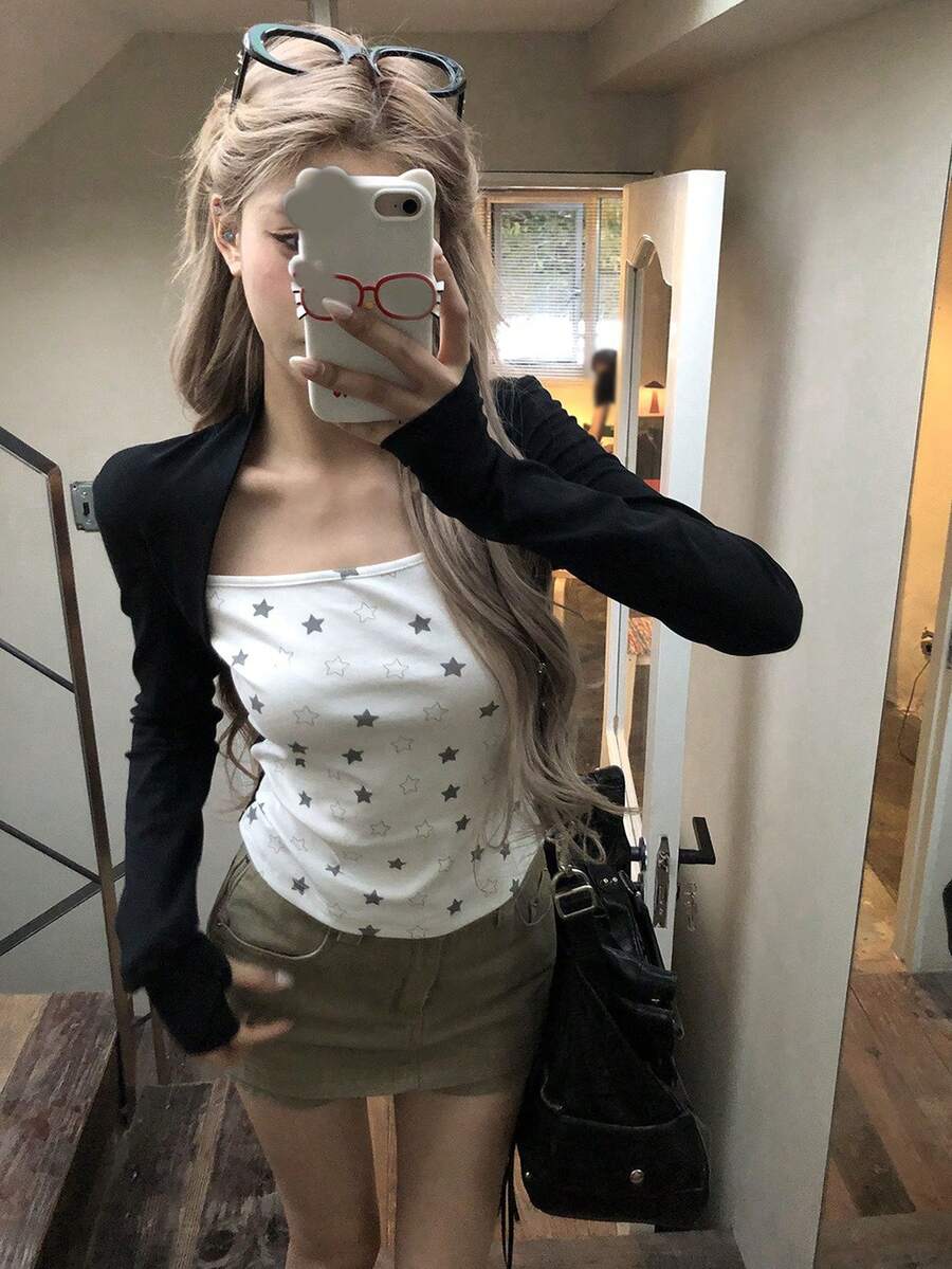 复古韩版打底T恤衫（随机星形印花） - 黑色 - 查看 1