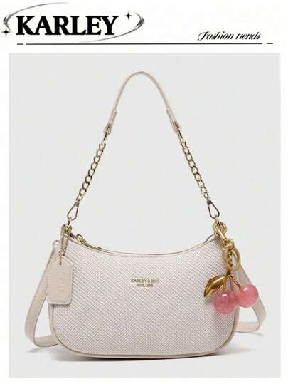 Nuevo bolso con forma de media luna de moda, diseño de decoración con patrón de letra clásico, material de PU impermeable de unicolor, bolso de hombro/bolso de sobaco/bolso de viaje, adecuado para compras, se puede colgar, decoración con colgante de cereza rosa, bolso de media luna de verano, adecuado para vacaciones en la playa y vuelta al colegio, cartera de mujer. El producto real puede tener diferencias de color en comparación con las imágenes.