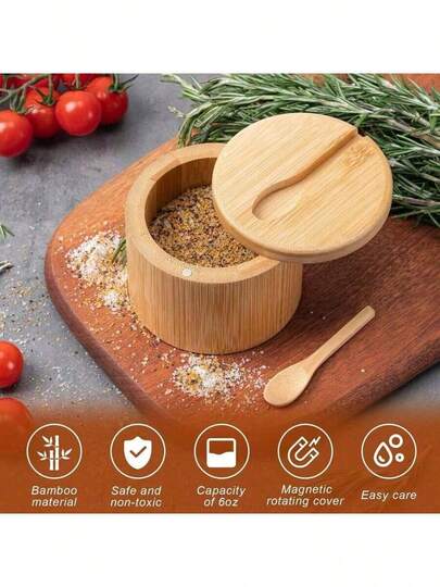1 pieza Recipiente de almacenamiento de sal y especias de bambú con tapa giratoria magnética y cuchara, caja organizadora de bambú para sal, pimienta, condimentos, azúcar, capacidad de 6 onzas
