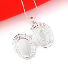 40-75厘米 925纯银镀层椭圆形心形圆形照片镂空相框吊坠项链 蛇骨链 男女结婚首饰 - 銀色 - 查看 5