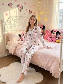Disney Two Pieces Printed Open-Front Puff Crinkle Casual Long-Sleeved Pants Women's Pajama Set - White - View 1