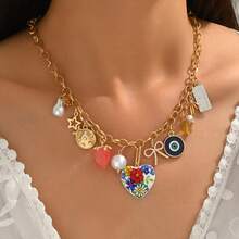 1pc Beach Style Necklace With Heart, Peace Sign, Bow, Eye Shaped Pendants, Faux Pearl & Shell Pendants, Suitable For Women To Wear At Beach, Vacation Or Party - Love - View 10