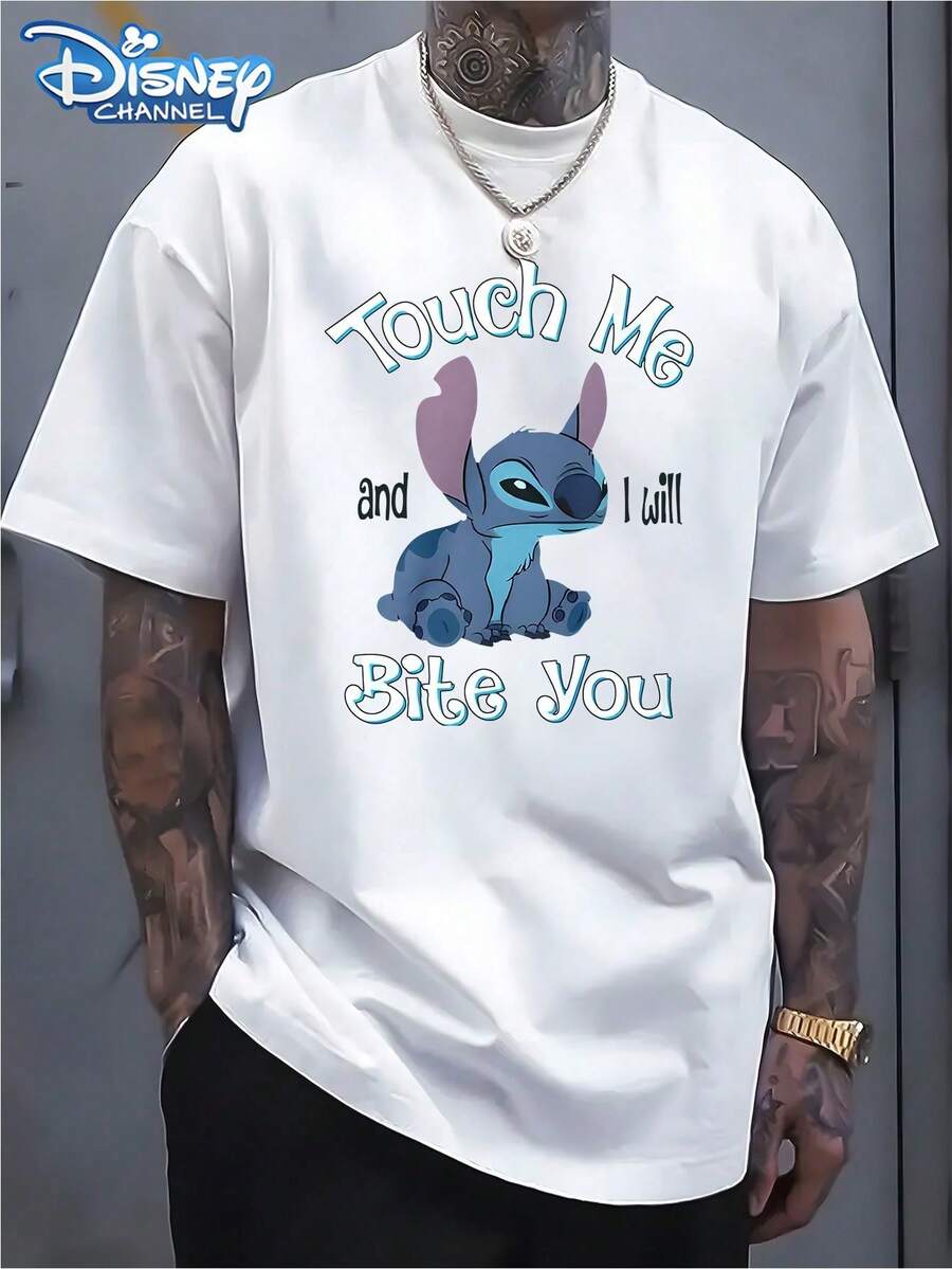 Disney Official Licensed Stitch "Touch Me And I Will Bite You" Graphic T Shirts 100 Percent Cotton Disney Shirt Washed 220g Unisex - trắng - Xem 1