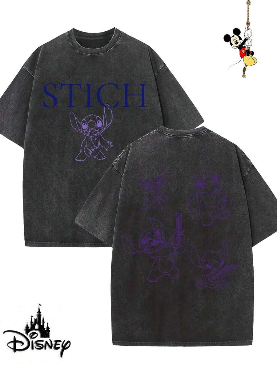 T-shirt homme en coton sous licence Disney, idéal pour les fêtes de fin d'année 2026. Orné d'un motif Stitch, il possède un col rond délavé, une matière douce et confortable, un entretien facile et convient à toutes les occasions : vacances, quotidien, trajets domicile-travail… pour un look festif garanti ! - Noir - Voir 1