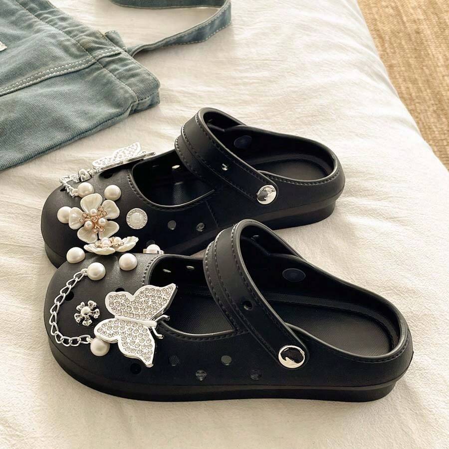 2025 Versatile Mary Jane House Slippers, EVA Cute Butterfly Pearl Minimalist Lightweight Slip-On Sandals - Black - View 1