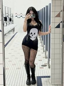 Gothic-Style Sexy Skull Print Lace Trim Slim-Fit Mini Camisole Dress, Backless Sleeveless Short Dress, Women's Summer Fashion Halloween Outfit - 黑色 - 查看 4