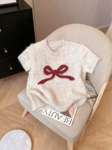 Suéter de manga corta de punto elástico de longitud regular para mujer, jersey casual de cuello redondo con estampado de lazo - Nuevo color albaricoque - Ver 2