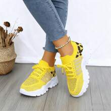Fashion Leopard Print Lace-Up Trainers. Lightweight Mesh, Cushioned Sole And Flexible Design, Comfy For Gym, Walking And Everyday Casual Wear. - Upgrade Yellow - View 2