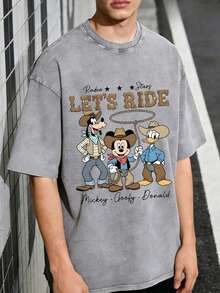 Disney Official Licensed Mickey, Goofy & Donald Cowboy "Let's Ride" Graphic T Shirts 100 Percent Cotton Disney Shirt Washed 230g Unisex - 灰色 - 查看 1