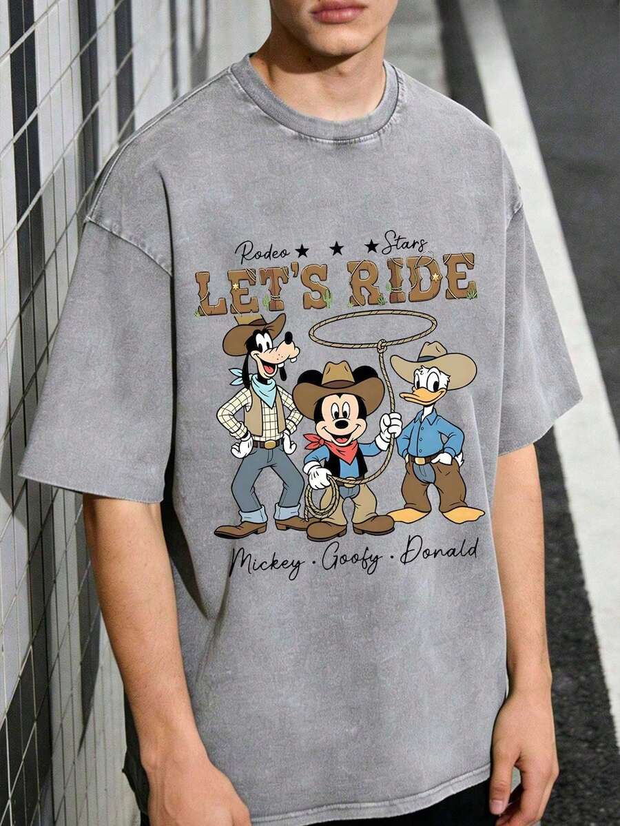 Disney Official Licensed Mickey, Goofy & Donald Cowboy "Let's Ride" Graphic T Shirts 100 Percent Cotton Disney Shirt Washed 230g Unisex - 灰色 - 查看 1