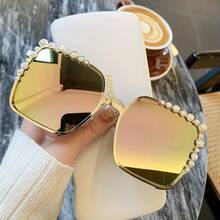 1 Pair Of Bohemian Hip-Hop Style Women's Fashion Glasses, Decorative Large-Frame Diamond-Embellished ,  Pearl Fashion Glasses - 金色的 - 查看 13