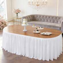 1pc White Polyester Table Skirt, Fits 72inch/183cm Rectangular Tables, Wrinkle-Resistant And Easy To Clean Ruffled Tablecloth, Suitable For Birthday Cake Tables, Banquets, Weddings, Bridal Showers, And Various Party Celebrations - White - View 2