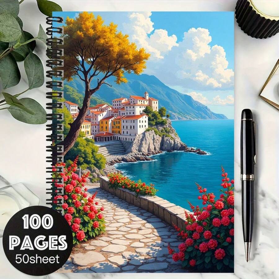 Sổ tay lò xo minh họa phong cách Địa Trung Hải, 100 trang, dung lượng lớn với 50 trang giấy dày. Bìa in hình phong cảnh thị trấn ven biển sống động. Thích hợp để ghi chú công việc, học tập, lên kế hoạch hàng ngày, và là món quà tốt nghiệp hoặc sinh nhật tuyệt vời. - T - Xem 1