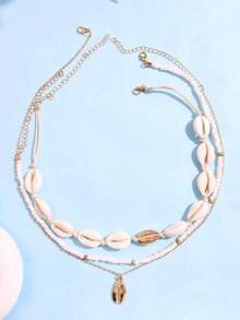 3pcs Bohemian Style Beaded Shell Necklace Set, Suitable For Women's Beach, Party Outfits - Beige - View 3