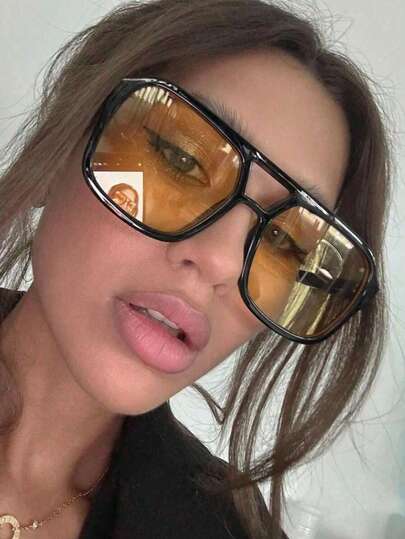 Fashionable Geometric Frame Glasses With Tinted Lenses, Retro Casual Beach