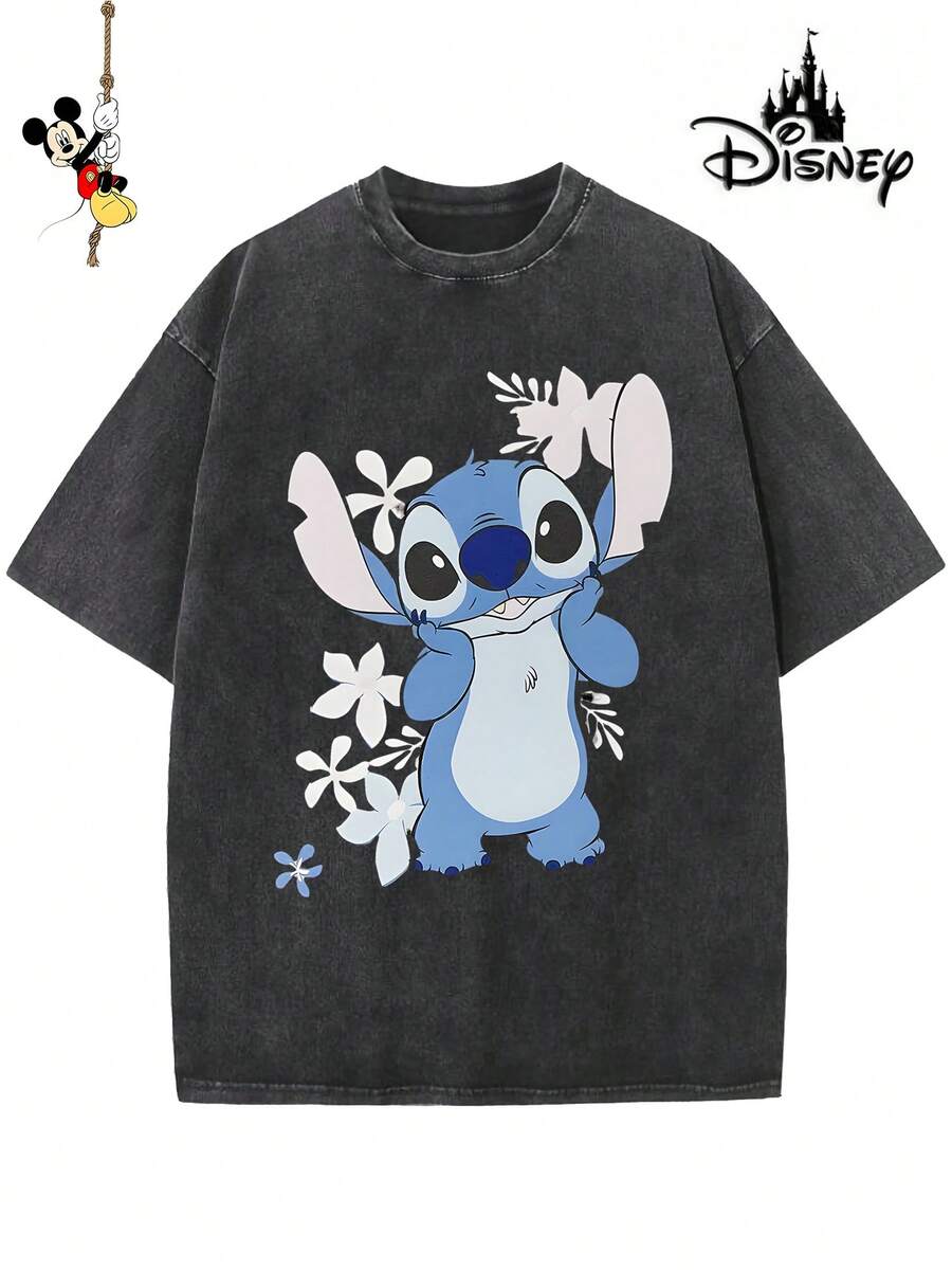 Disney-Licensed Men's Cotton T-Shirt For The 2026 Family Holiday. Featuring A Stitch Motif, Washed Crew Neck, Soft And Comfortable Feel, Easy Care And Suitable For Various Occasions Such As Holidays, Everyday Life And Commuting – Full Of Festive Spirit. - 黑色 - 查看 1