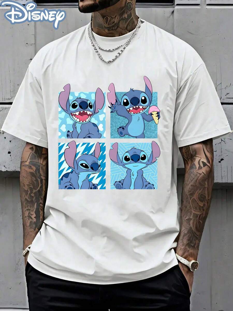 Disney Officially Licensed Graphic T Shirts 100 Percent Cotton Disney Shirt, Stitch 4-Panel Grid T-Shirt, Unisex, 220g, Retro Vintage, Crew Neck Short Sleeve, Casual Daily Wear - 白色 - 查看 1