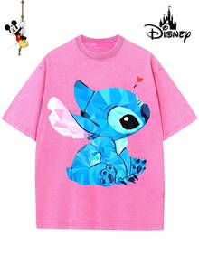 Disney-Licensed Men's Cotton T-Shirt For The 2026 Family Holiday. Featuring A Stitch Motif, Washed Crew Neck, Soft And Comfortable Feel, Easy Care And Suitable For Various Occasions Such As Holidays, Everyday Life And Commuting – Full Of Festive Spirit. - 玫紅色 - 查看 1