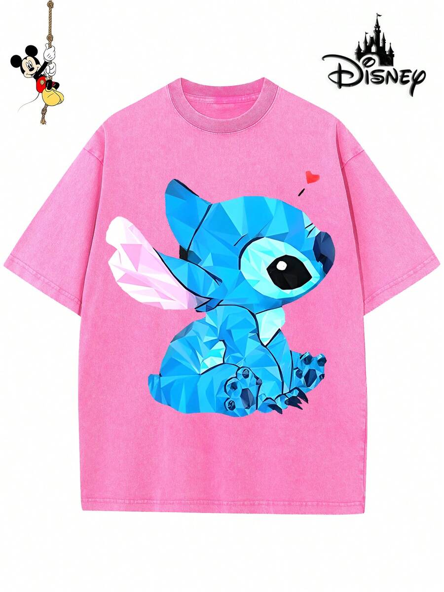 Disney-Licensed Men's Cotton T-Shirt For The 2026 Family Holiday. Featuring A Stitch Motif, Washed Crew Neck, Soft And Comfortable Feel, Easy Care And Suitable For Various Occasions Such As Holidays, Everyday Life And Commuting – Full Of Festive Spirit. - 玫紅色 - 查看 1