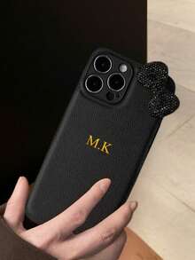 Personalized Luxury Rhinestone Bowknot Faux Leather Phone Case, Compatible With IPhone 17, 16, 15, 14, 13, 12, 11, Pro Max, 14, 15, 16 Plus, 17 Air, All-Inclusive Protective Cover, Stylish Phone Accessory, DIY Gift - Black - View 1