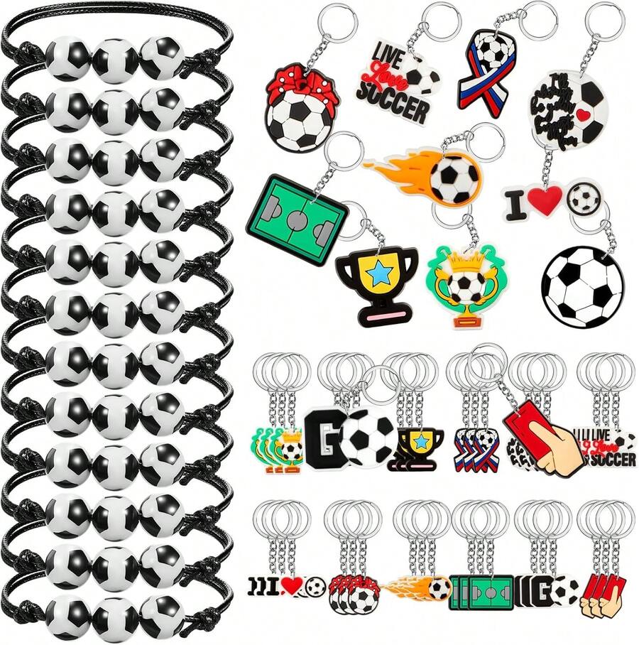 Henoyso - Juego de 72 piezas de regalo de fiesta de fútbol, pelota de fútbol, llavero para el día de San Valentín, con pulseras ajustables, juego de llaveros temáticos deportivos, pulseras para - Fútbol - Ver 1