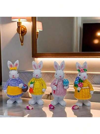 Decoraciones hechas a mano de conejito de Pascua - Decoración de escritorio de primavera, escultura de conejo linda, coleccionables de decoración del hogar de Pascua con accesorios florales y de zanahoria, figurita de conejo adorable adecuada para la temporada festiva