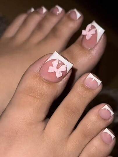 Upgrade Your Style, 24pcs Short Square Toe Nail Tips, White French Glossy Full Cover Toe Nail Set With Pink Bow Decor, Includes 1pc Jelly Gel And 1pc Nail File, Suitable For Party, Wedding, Daily Wear