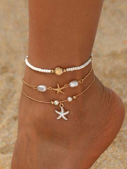 3pcs/Set Vacation Ocean Style Starfish Pendant Anklet, Cute Seashell Decor Multilayer Beaded Foot Jewelry, Handmade Glass Bead Anklet, Suitable For Daily Outfit, Beach Date, Party Wear