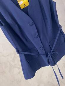 Elegant Formal Ensemble Consisting Of A V-Neck Vest With Tie Detail And A Midi Skirt With A Slit | Sophisticated Cut | Marrant - Màu xanh hải quân - Xem 6