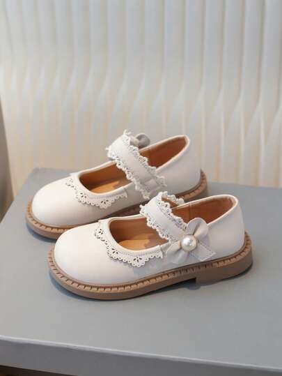 1 Pair Children's Flat Shoes With Pearl Trim, Round Toe Girls' Slip-On Leather Shoes