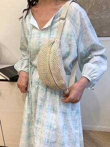 Túi đeo hông bằng rơm thủ công, túi đeo ngực kiểu dáng du lịch, túi đeo chéo tối giản kiểu Nhật Bản. - Màu be - Xem 5