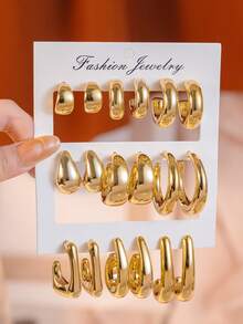 18 piezas Conjunto de aretes de forma de lágrima y redonda de metal dorado a la moda, material CCB ligero, adecuado para uso diario - Dorado - Ver 1