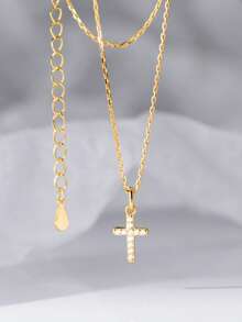 1pc S925 Sterling Silver Minimalist European & American Style Rhinestone Cross Niche Design Cross Pendant Necklace, Suitable As Gift For Daughter, Relatives, Friends, Girls Festival - Cross - View 2