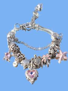 1pc Vacation Style Charm Bracelet With Sakura, Starfish, Pink Heart, Turtle, Butterfly, Coconut Tree Charms - Silver - View 2