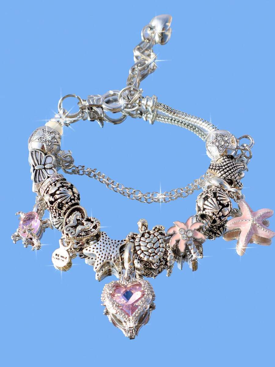 1pc Vacation Style Charm Bracelet With Sakura, Starfish, Pink Heart, Turtle, Butterfly, Coconut Tree Charms