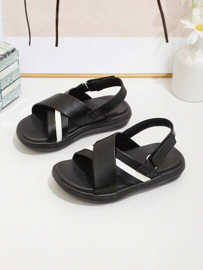 1 Pair Roman Sandals, Solid Color Soft Leather Cross Strap, Classic Minimalist Round Toe Elastic Soft Bottom, Strap Hook And Loop Closure, Fashion Campus Style Flat Beach Sandals For Boys And Girls, Spring/Summer New