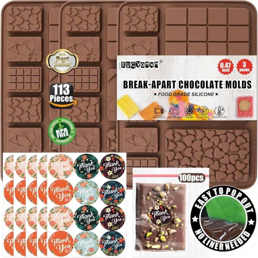 RUGVOMWM 9 In 1 Silicone Break Apart Chocolate Bar Mold With Plastic Bags And Thanks For The Stickers,Non Stick Homemade Protein And Energy Bar Mould - 113pcs - Màu A - Xem 1