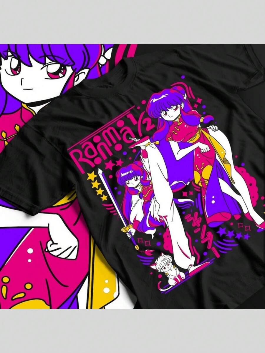 Unisex Ranma Saotome Anime T-Shirt, Genma Panda Manga Shirt, Anime Manga Shirt, Anime Lovers Shirt, Graphic Anime Tee, Manga Shirt, Anime. - Negro - Ver 1